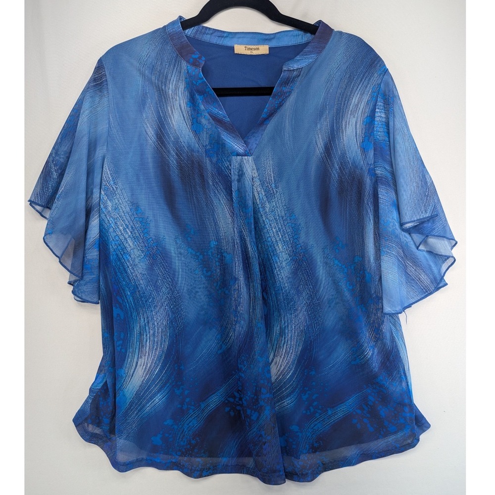 Timeson Blue Abstract Wave Print Chiffon Blouse V-Neck Layered Top XL